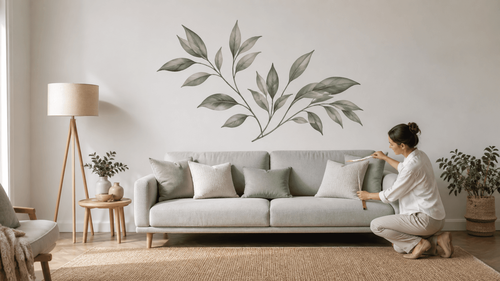 Sunlit living room with colorful wall stickers above a sofa, balanced by a coffee table and modern furniture layout.