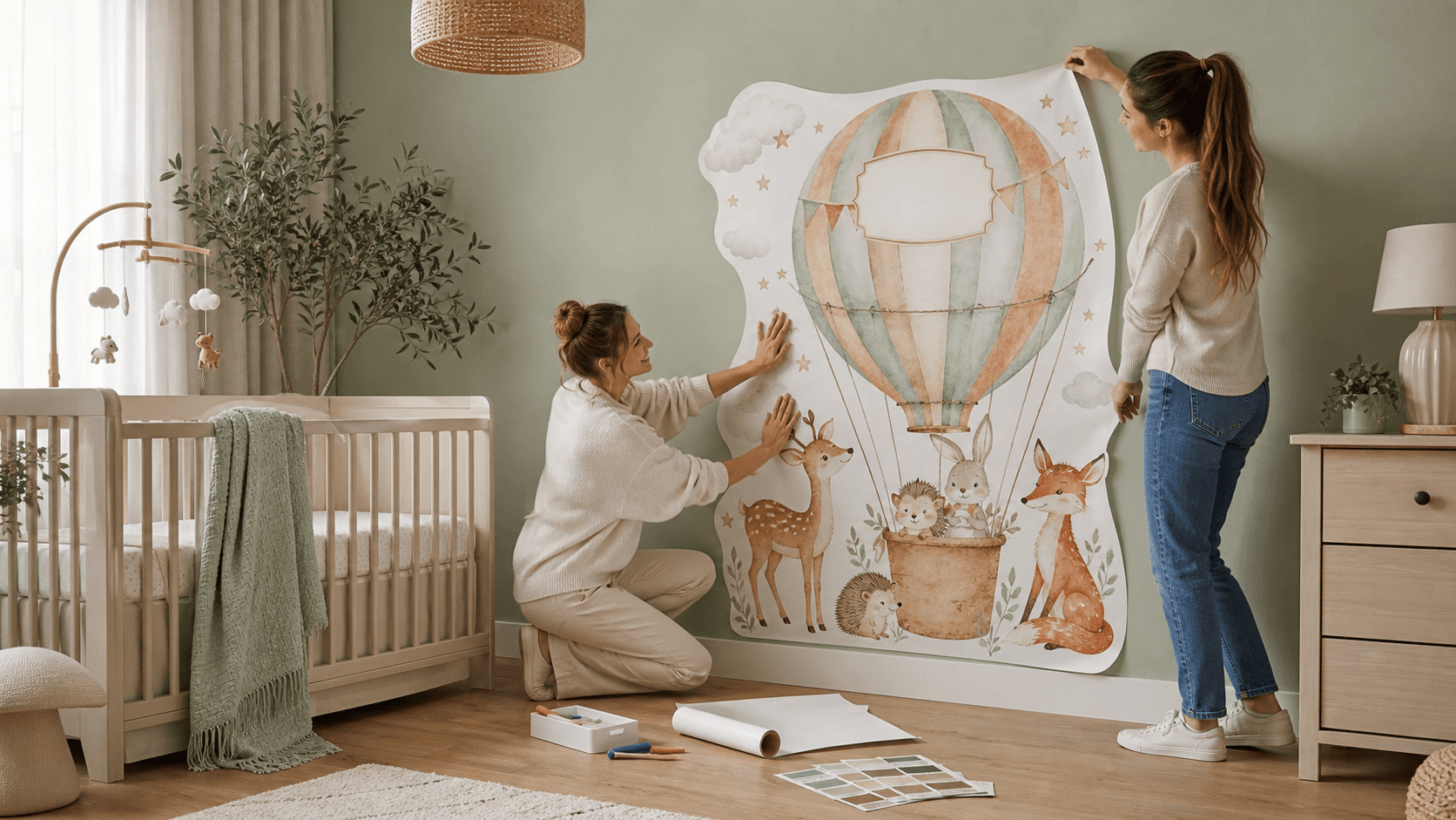 Sunlit nursery wall with pastel star and name stickers above a white crib, soft pink and beige decor.