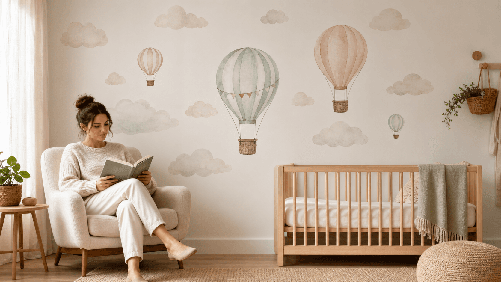 Soft pastel nursery with moon and star wall decals above a crib, warm lighting and plush toys on a rug